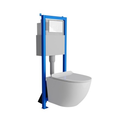 DOMINO Zestaw WC 4w1 + biały przycisk prostokątny + bezkołnierzowa miska WC z deską SLIM
