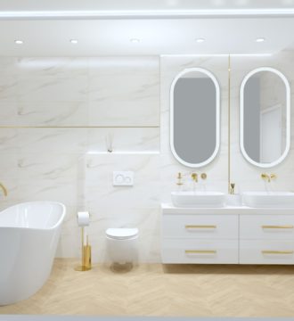 A może biała łazienka ze złotem nadającym kunsztu?